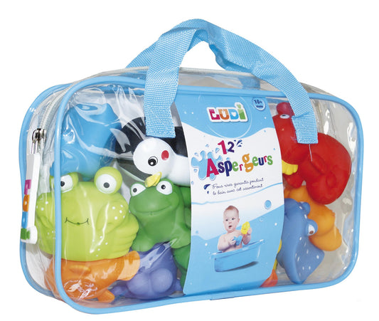 LUDI - 12 Animaux Marins en Plastique pour Jouer dans Le Bain. Dès 6 Mois. Animaux arroseurs rigolos. Sac de Rangement Inclus. Jouet à emmener à la Plage - Aspergeurs 12 Mers - réf. 2174
