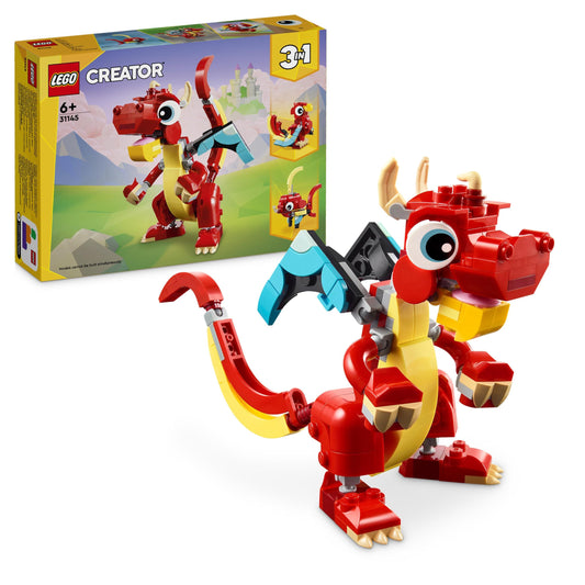 LEGO Creator 3-en-1 Le Dragon Rouge, Jouet avec 3 Figurines d'animaux, Dont Un Dragon Rouge, Un Poisson et Un Phénix, Set Animaux pour Enfants, Cadeau pour Garçons et Filles, Dès 6 Ans 31145
