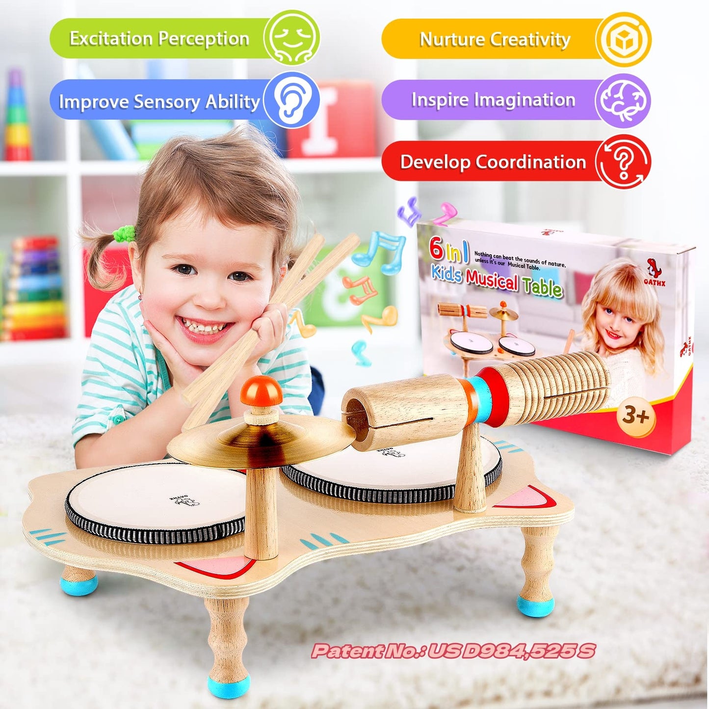 Jouet musical en bois Batterie pour enfants Instruments de musique 6 en 1 Jouets pour bébés Instruments de percussion 3-5 ans Garçons et filles Cadeau d'anniversaire Jouets d'apprentissage pour enfant