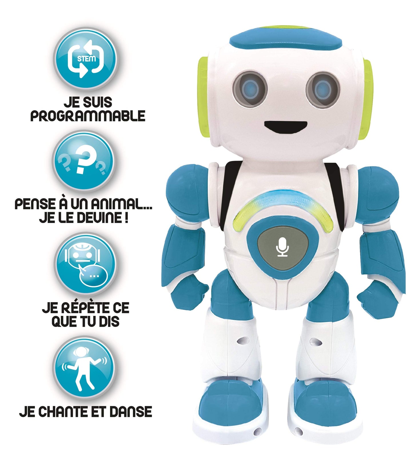Lexibook ROB20FR Junior Robot intelligent qui lit les pensées, jouet pour enfants, danse, joue de la musique, quiz, animaux, karaoké programmable, STEM, bleu/vert, (version française)