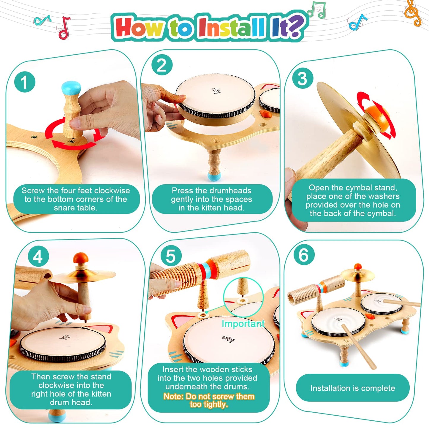 Jouet musical en bois Batterie pour enfants Instruments de musique 6 en 1 Jouets pour bébés Instruments de percussion 3-5 ans Garçons et filles Cadeau d'anniversaire Jouets d'apprentissage pour enfant