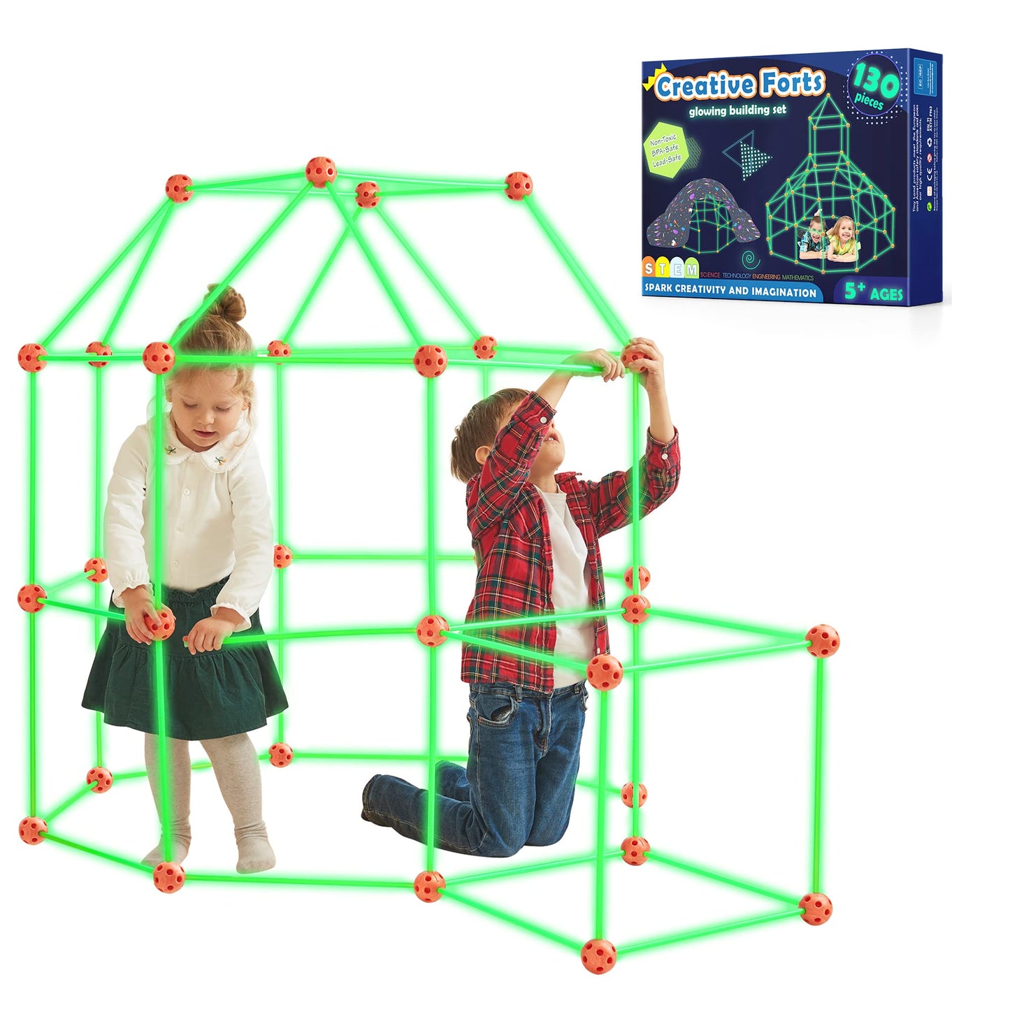 Kit de Construction de Fort pour Enfants - Brillent dans Le Noir 130 PCS Jouet Fort créatif pour garçon et Fille de 5+ Ans - Jouets de Construction STEM Châteaux de DIY Tente de Jeu Tour de fusée