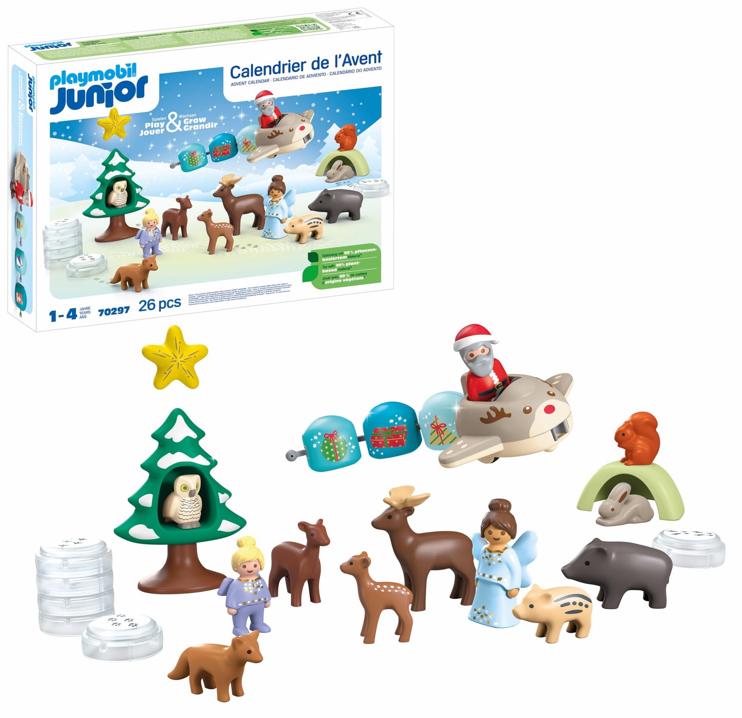 Playmobil 70297 Junior : Calendrier de l'Avent Junior Père Noël et Animaux de la forêt - avec 24 Portes excitantes - Jouet fabriqué à partir de matière d'origine végétale - Dès 12 Mois