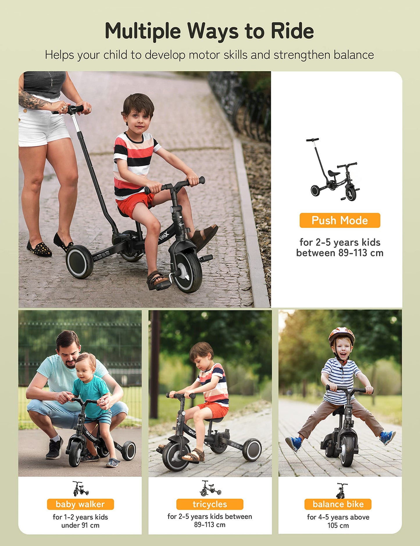 besrey Tricycle 7 en 1 pour Tout-Petits avec poignée de Direction pour 1 à 5 Ans, Tricycle Pliable pour Enfants,Vélo Draisienne,Vélo sans Pédale,Noir