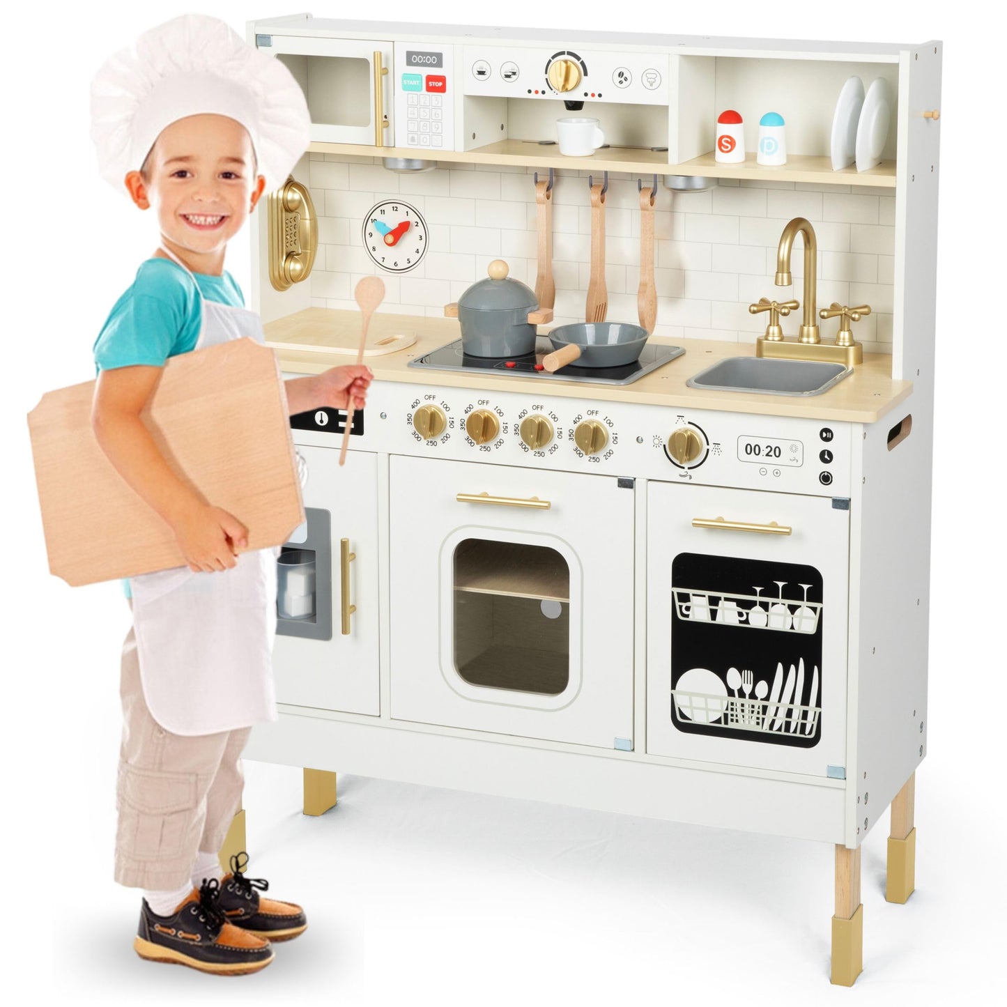Mamabrum Cuisine Enfant en Bois avec Éclairage LED, Cuisine Jouet Interactive XXL avec Micro-Ondes, Lave-Vaisselle, Machine à Café, Four, Évier, Robinet et Accessoires