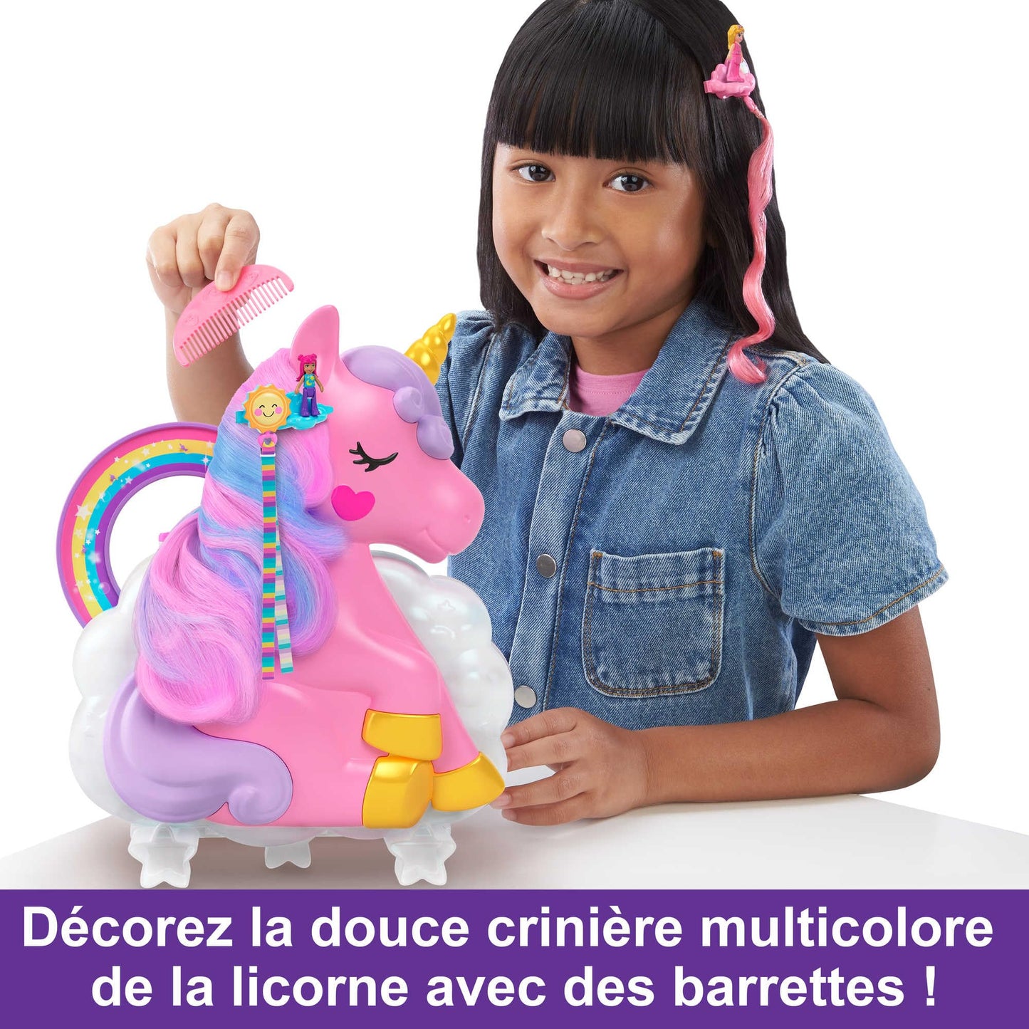 Polly Pocket Coffret 2-en-1 Salon De Coiffure Licorne Arc-en-Ciel avec Tête À Coiffer, Comprend 2 Figurines, Plus 25 Accessoires Et Éléments Mobiles, Jouet pour Enfant de 4 Ans et Plus, HMX18