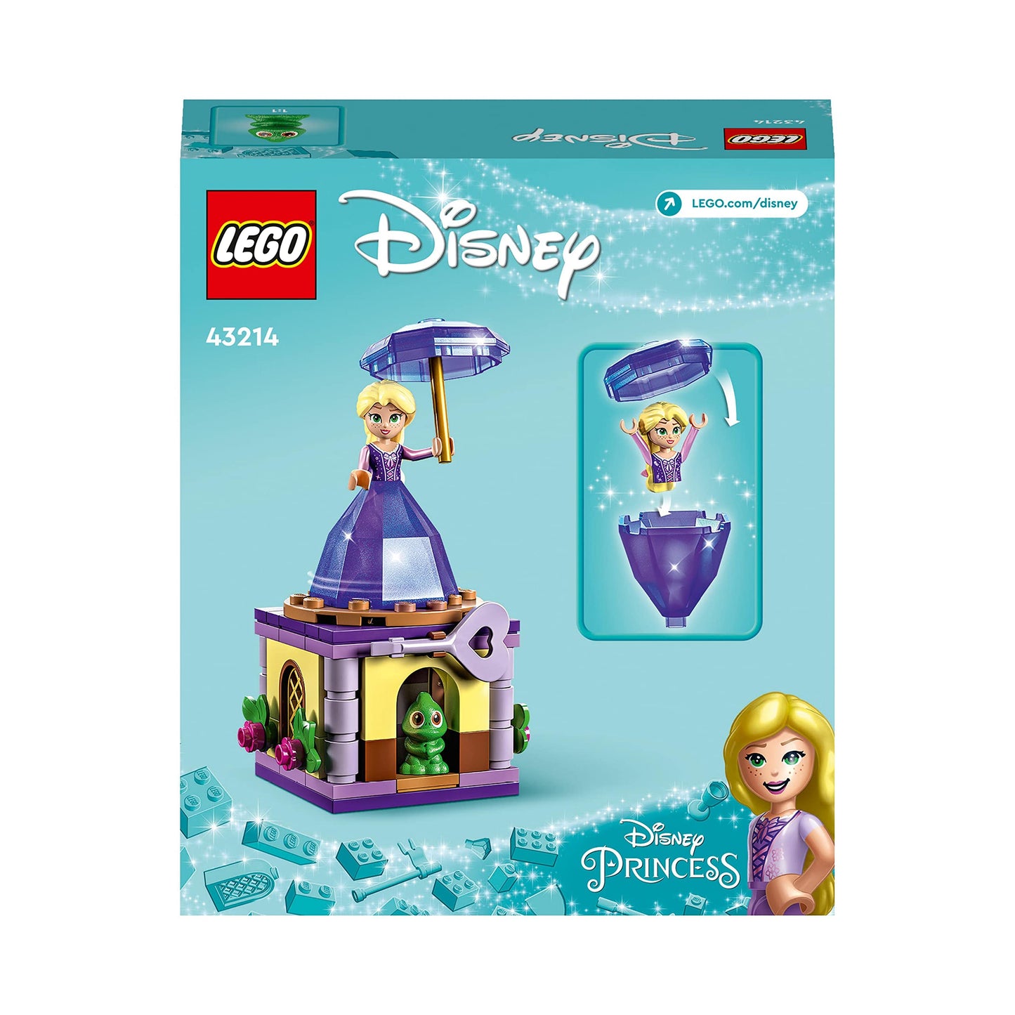 LEGO 43214 Disney Princesse Raiponce Tourbillonnante, Jouet de Construction avec Mini-Poupée Robe Diamant et Figurine Pascal Le Caméléon, Enfants 5 Ans