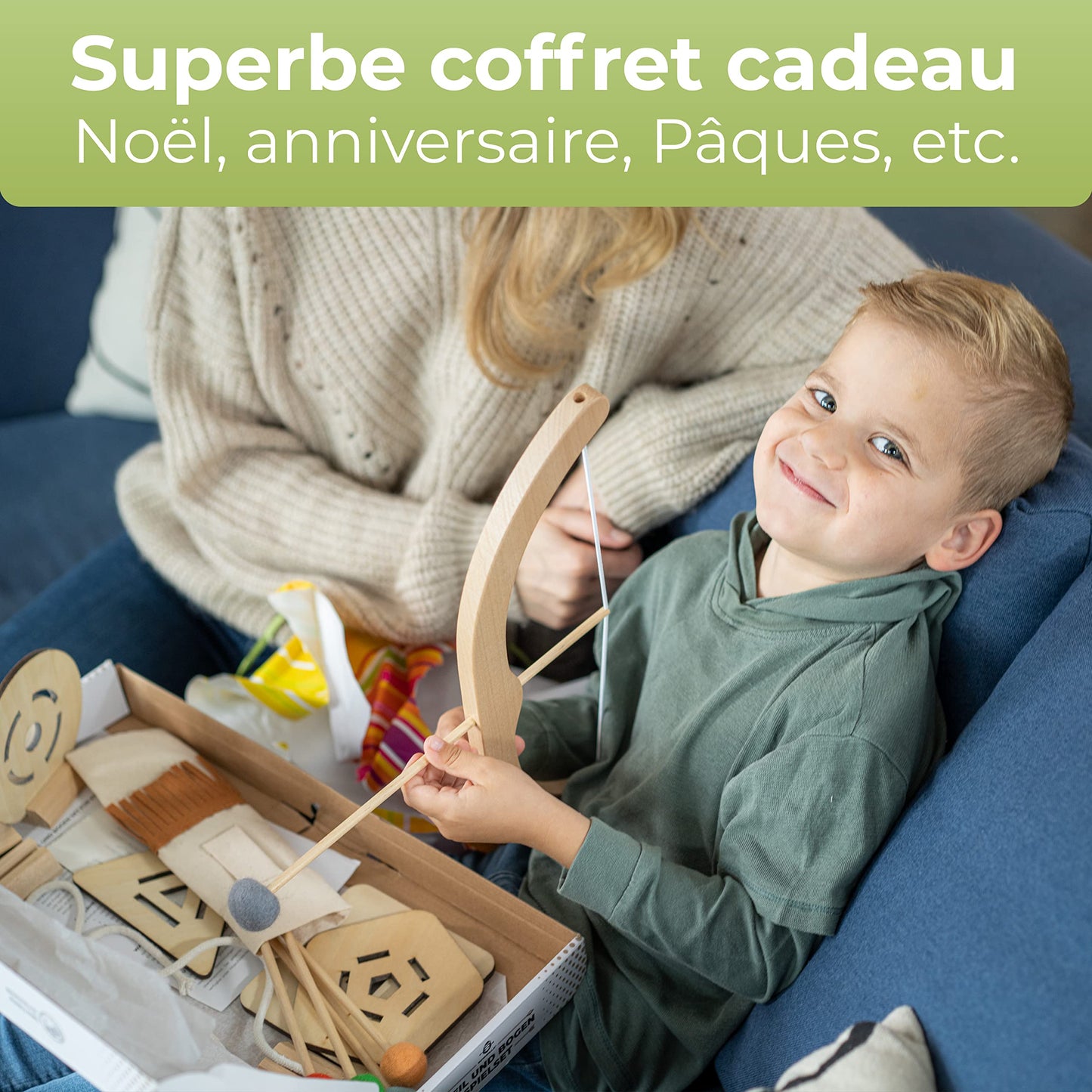 BOWRILLA® Arc et Fleches Enfant en Bois avec 5 Flèches, 4 Cibles et 1 Carquois | 3 LB Tir à l'arc pour Enfant (Intérieur et D'Extérieur) à Partir de 3 Ans | Convient aux Droitiers et aux Gauchers