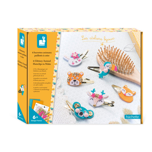Janod - Coffret 6 Barrettes à Créer - Animaux Pailletés - Les Ateliers Bijoux - Kit Loisir Créatif Enfant - Apprentissage Motricité Fine et Créativité - Dès 6 ans - J07997