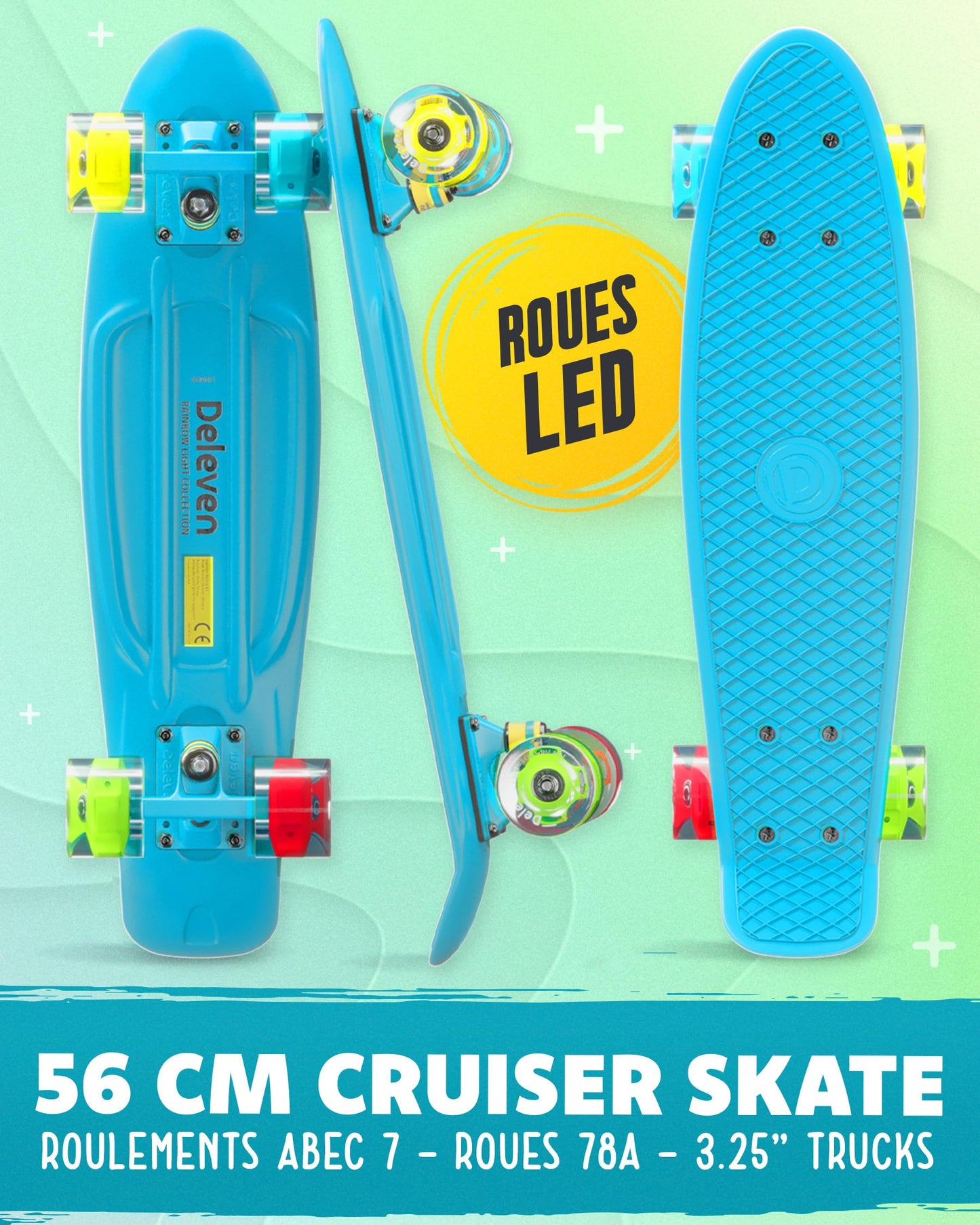 Deleven Skateboard 56cm avec Roues LED, Outil de Skate et Roulements ABEC 7 - pour Enfants Débutants Filles Garçons Adolescents Adultes