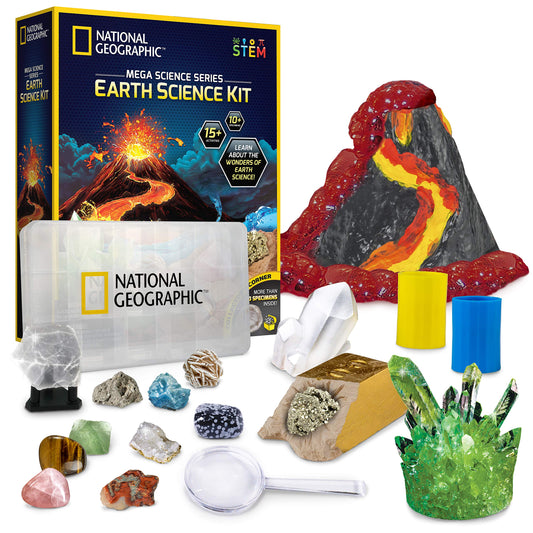 National Geographic Kit Scientifique – Plus de 15 Activités Scientifiques STEM – Culture de Cristal, Lave Volcanique, Kit de Fouille x2, 10 Spécimens Authentiques, EXCLUSIVITÉ Amazon