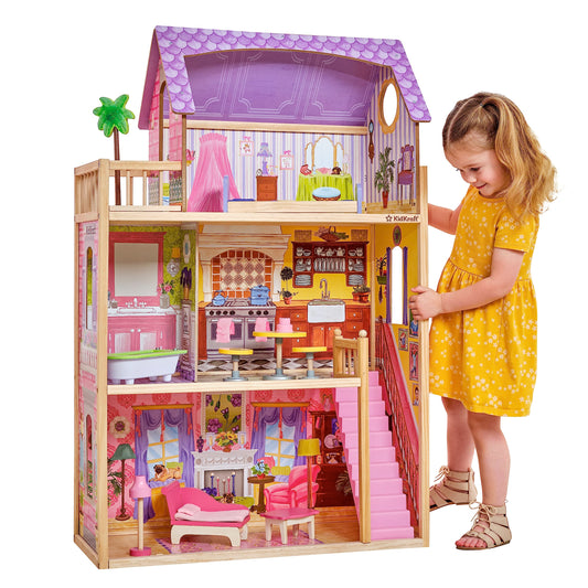 KidKraft Maison de Poupée en Bois Kayla incluant Accessoires et Mobilier, 3 Étages de Jeu pour Poupées 30 cm, Jouet Enfant dès 3 Ans, 65092, Exclusivité sur Amazon