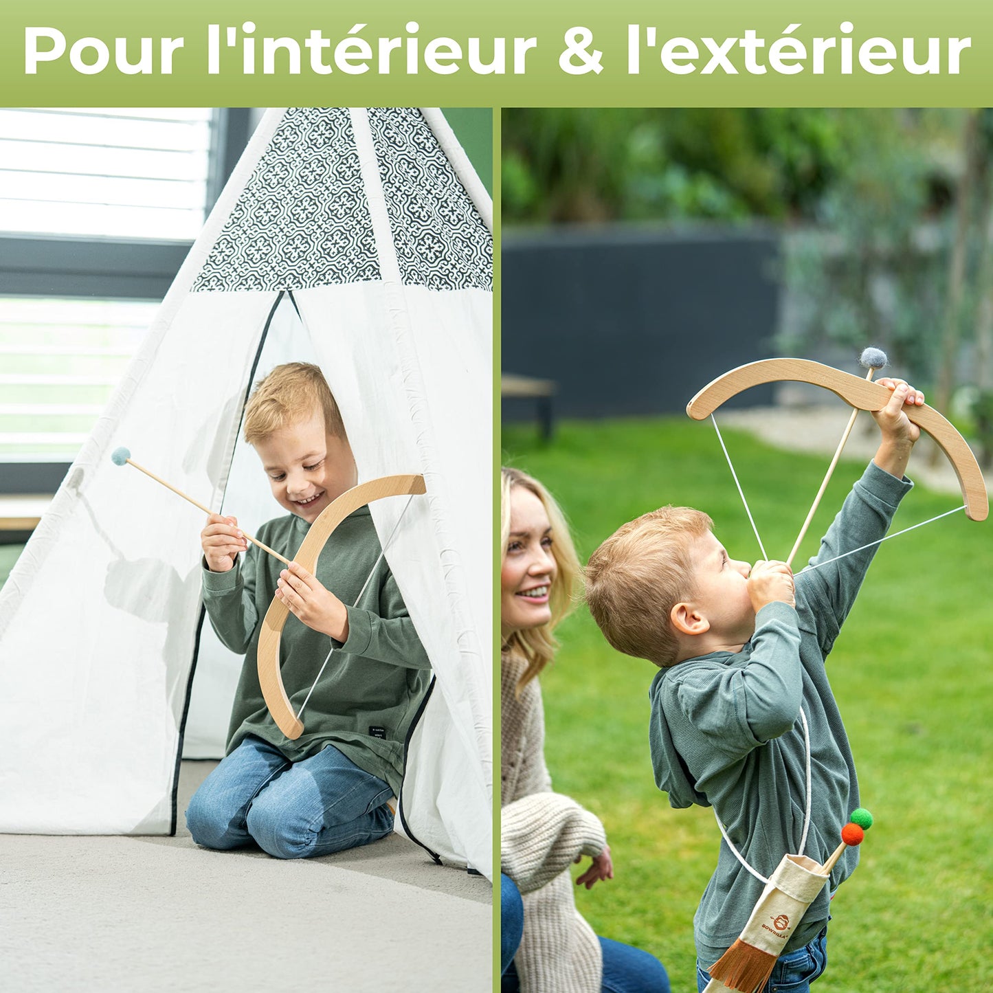BOWRILLA® Arc et Fleches Enfant en Bois avec 5 Flèches, 4 Cibles et 1 Carquois | 3 LB Tir à l'arc pour Enfant (Intérieur et D'Extérieur) à Partir de 3 Ans | Convient aux Droitiers et aux Gauchers