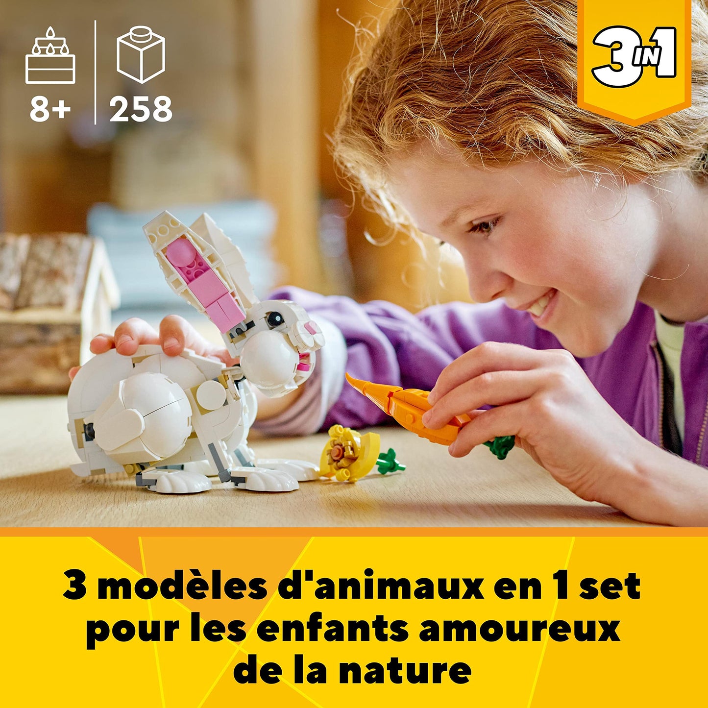 LEGO Creator 3-en-1 31133 Le Lapin Blanc, Jouet avec Animaux, Dont Figurines de Poisson, Phoque et Perroquet, Construction pour Enfants Dès 8 Ans