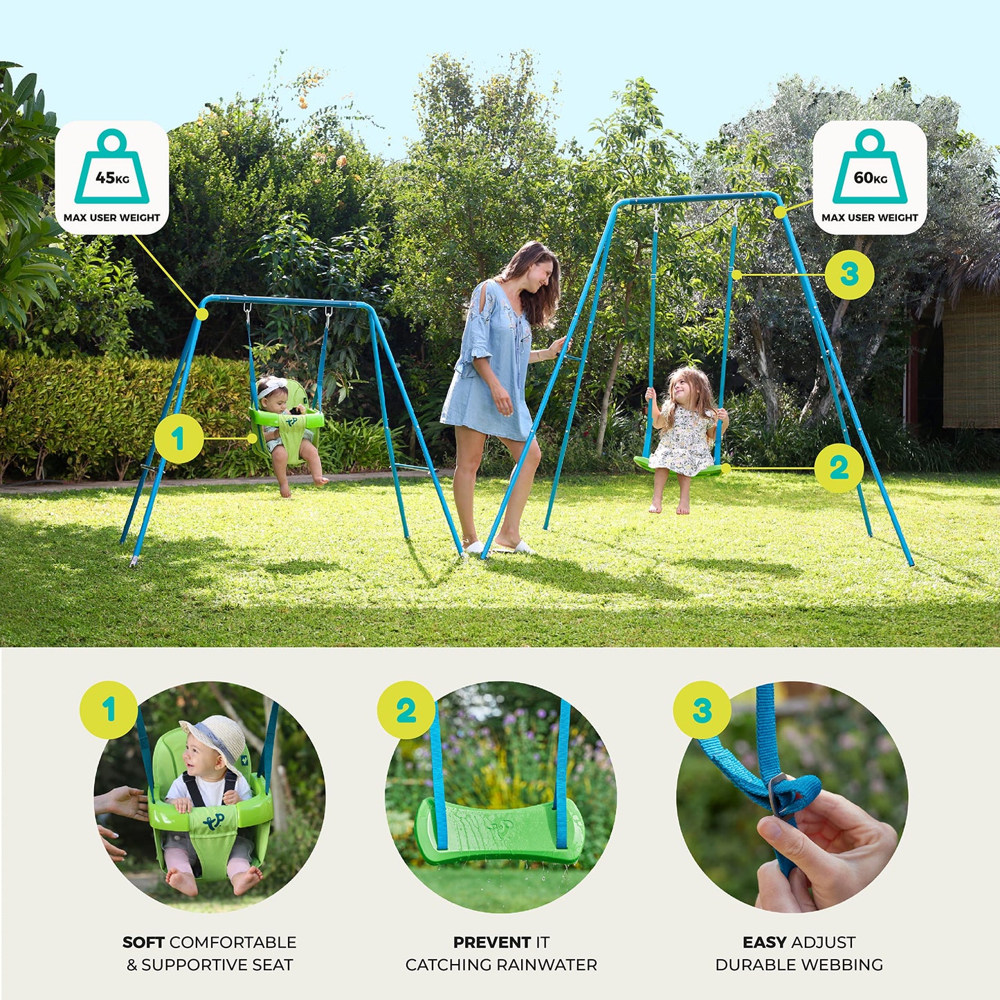 TP Toys Portique Acier 2 en 1 | Adapté Aux Enfants à Partir de 6 Mois - 8 Ans | avec 2 Balançoires | Une balançoire Qui Grandit avec Votre Enfant