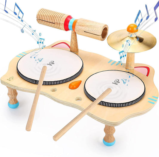 Jouet musical en bois Batterie pour enfants Instruments de musique 6 en 1 Jouets pour bébés Instruments de percussion 3-5 ans Garçons et filles Cadeau d'anniversaire Jouets d'apprentissage pour enfant
